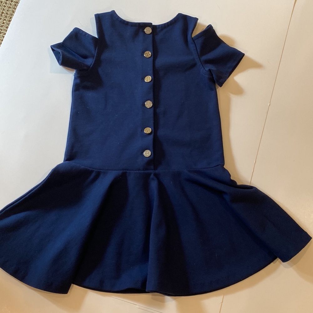POLO RALPH LAUREN KIDS NAVY COLD SHOULDER DRESS WITH TORY BIRCH BUTTONS